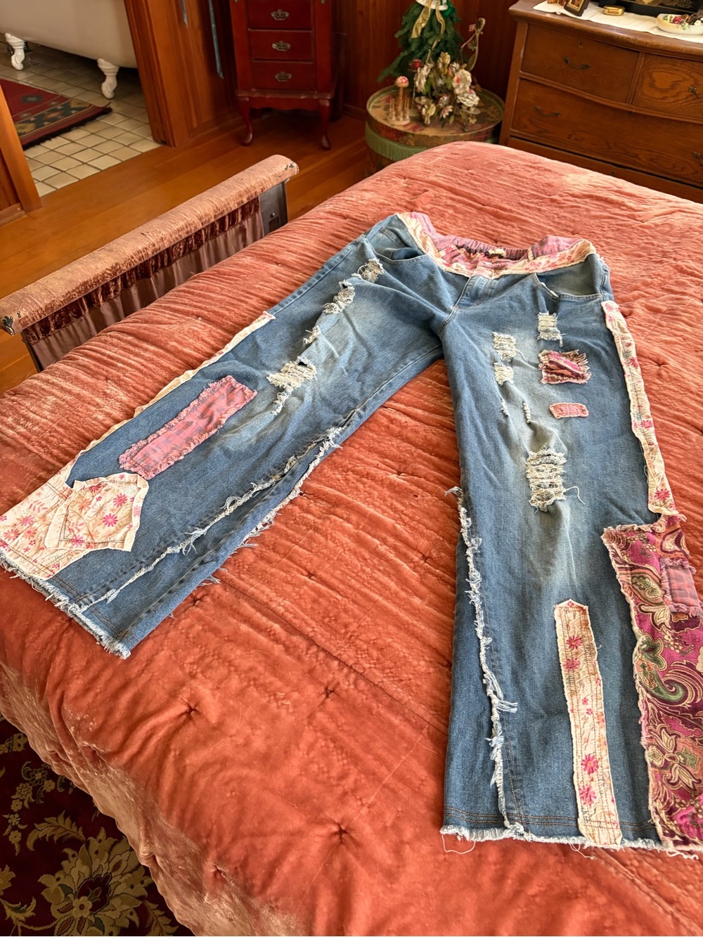 Blue Velvet Patchwork Bell Bottom Jeans XL
